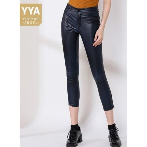 Sexy Fashion Sheepskin Elastic Skinny Calf Length Trousers Women Genuine Leather Pants High Street Casual Pencil Pants Female
