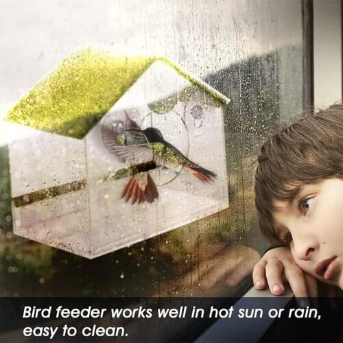 P15D Clear Acrylic Bird Feeder with Strong Window Suction Cups Turf Roof Seed Tray Perch Outdoor Bird Feeder for Wild Birds