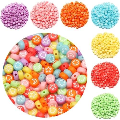 4×7mm Multicolor Flat Round Acrylic Beads White Pattern Star/Moon/Hearts/Flowers Loose Beads For Jewelry Making DIY Accessories