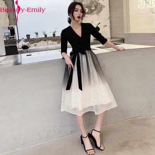 Romantic V Neck Shining Sequined A Line Evening Dress Elegant Half Sleeve Tulle Formal Party Dress with Sashes Real Photo