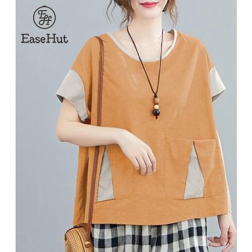 EaseHut Women Cotton Linen Shirt O Neck Drop Shoulder Splicing Pocket Contrast Sleeves Blouse Asymmetric Hem Casual Loose Tops