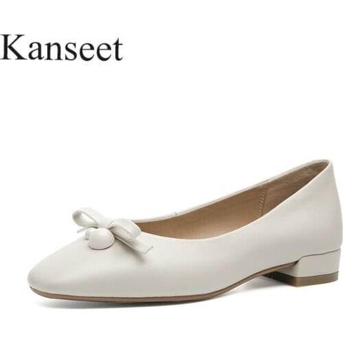 Kanseet Women Flats Summer Butterfly-Knot Genuine Leather Shoes Low Heels Slip On Casual Pumps Square Toe Shallow Soft Footwear