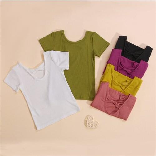 FOCUSNORM 1-5Y Summer Causal Infant Kids Girls T Shirts Tops 6 Colors Solid Back Bowknot Hollow Out Short Sleeve Tops