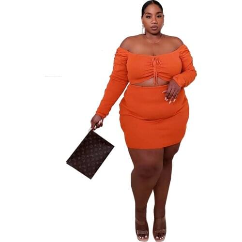 Plus Size Women Clothing Two Piece Set Sexy Orange Clubwear Off Shoulder Long Sleeve Top and Skinny Skirts Party Fall Outfits