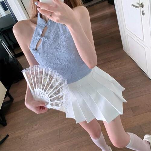 Womens Clothing Summer 2021 Vintage Floral Backless Cami Chinese Style Bustier Top Female Y2k Fashion Tanks Streetwear Camisole