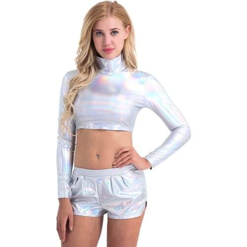 Women Shiny Patent Leather Long Sleeves Turtleneck Crop Top Club Party Stage Performance Festival Rave Costume Pole Dance Tops