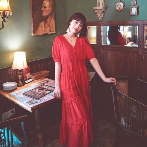 2021 New Arrival Lace Hollow Out Summer Dress Robe Sexy V-Neck Women Short Sleeve Single-Breasted Maxi Vestidos Holiday Clothes