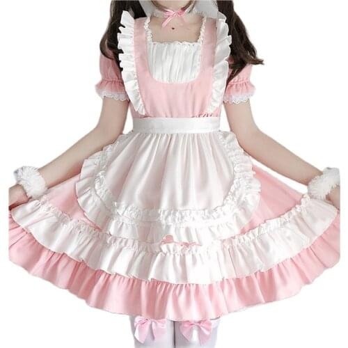 Sweet Lolita OP Maid Dress Pink Soft Girl Women Uniform Summer Ruffle Princess Dresses Short Sleeve Kawaii Anime Cosplay Costume