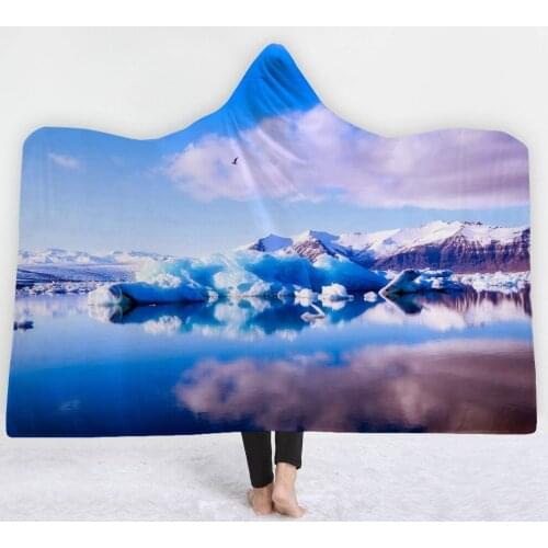 3D Scenic Nature Microfiber Hooded Blanket Sherpa Fleece Ocean Blue Wearable Plush Throw Blanket On Bed Sofa