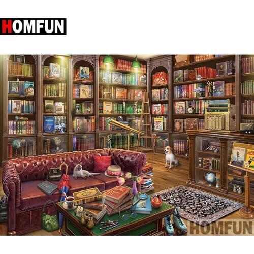 HOMFUN 5D Diamond "Book scenery" Diamond Embroidery Full Round/ Square Diy Diamond Painting Cross Stitch Home Decor A08418