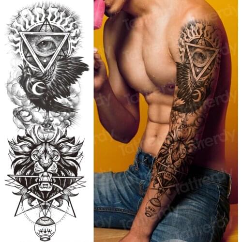 Large temporary tattoos arm sleeve black tattoo fake for men women sexy body art stickers king lion moon tatoo pattern big