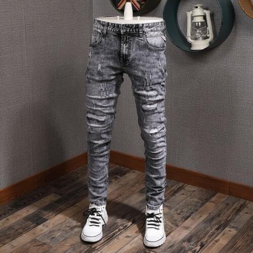 American Streetwear Fashion Men Jeans High Quality Slim Fit Elastic Ripped Jeans Retro Gray Vintage Designer Hip Hop Denim Pants