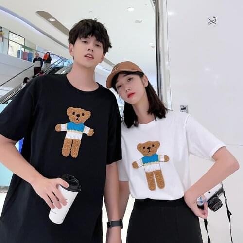 Real spring and summer 2021 couples T-shirt men and women pure color embroidery small fresh couples clothing couples clothes