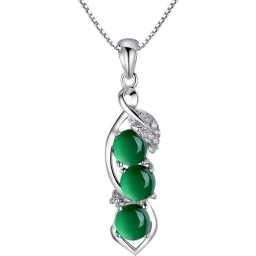FYJS Unique Silver Plated Layer Green Agates Round Beads Pendant Link Chain Necklace with Rhinestone Jewelry