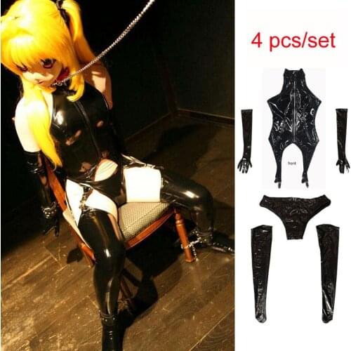 4pcs/set Plus Size Cosplay Anime Maid Costume PVC Wetlook Catsuit Bodystocking Sexy Hot Erotic Bodysuit Babydoll Golves Stocking