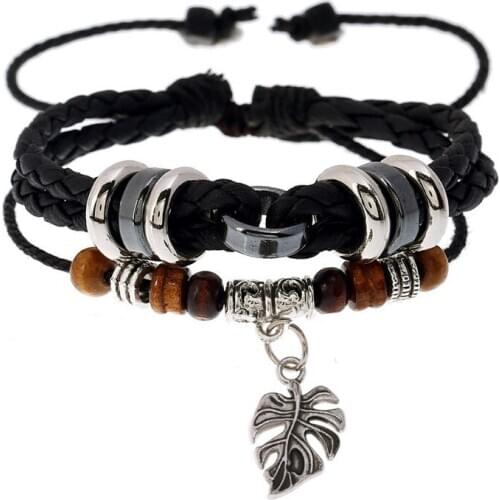 Fashion Vintage Retro Beads Leaf Charm Cuff Bracelet Multilayer Braided Leather Rope Wrap Bangle Wristbands Women Casual Jewelry