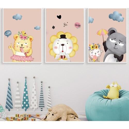 Cartoon Tiger Lion Bear Wall Art Canvas Painting Cartoon Nursery Posters and Prints Nordic Kids Decoration Baby Bedroom Decor