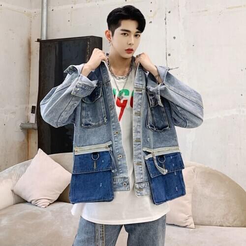 Vintage Mens Washed Denim Jackets Patchwork Holes Handsome With Pockets Coat C2