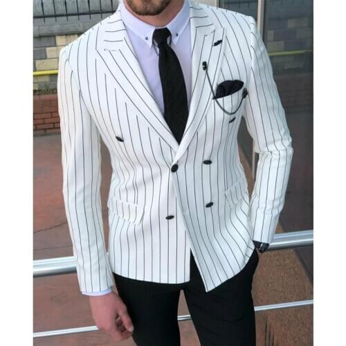 White Striped Mens Suits with Double Breasted Slim Fit Wedding Groom Tuxedo 2 Piece Male Fashion Casual Style Jacket Black Pants