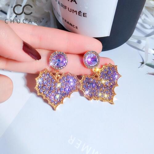 CHUCARI 2019 New Fashion S925 Silver Korea Purple Crystal Love Heart Rhinestone Drop Earrings Romantic Gold Color Women Gift