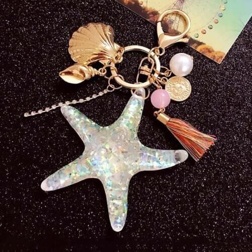 New Cartoon Sea World Starfish Pearl Shell Keychain Key Chain KeyRing Crystal Pendant Keychain Women Gift