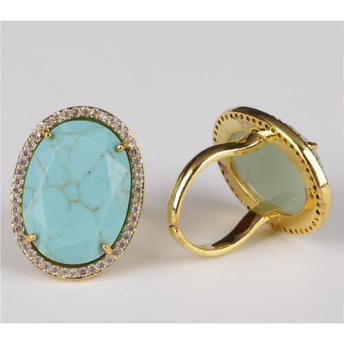 Oval cut faceted blue turquoises howlite stone bead charm pave white cz crystal rim cycle open finger gold ring cuff for women