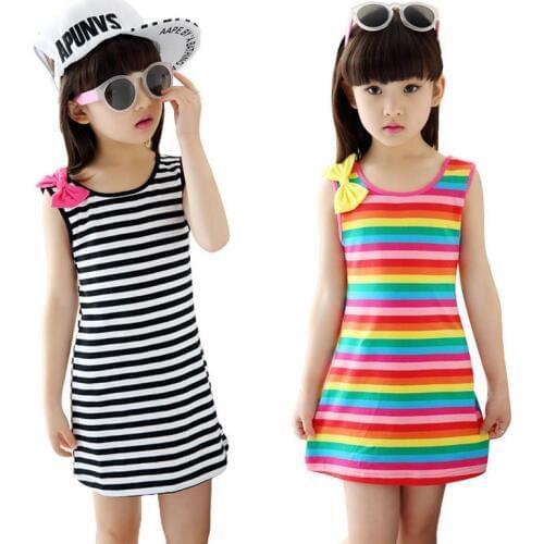 2 3 4 5 6 7 8 9 10 11 12 Year Girls Dress Summer Sleeveless Kids Dresses for Girl Striped Bow Toddler Teen Children Clothing