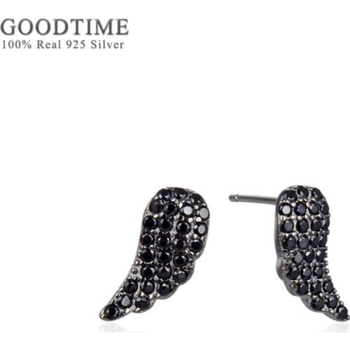 Luxury Women Earring Pure 100% 925 Sterling Silver Angel Wings Black Rhinestone Stud Earring Jewelry Accessories For Office Lady