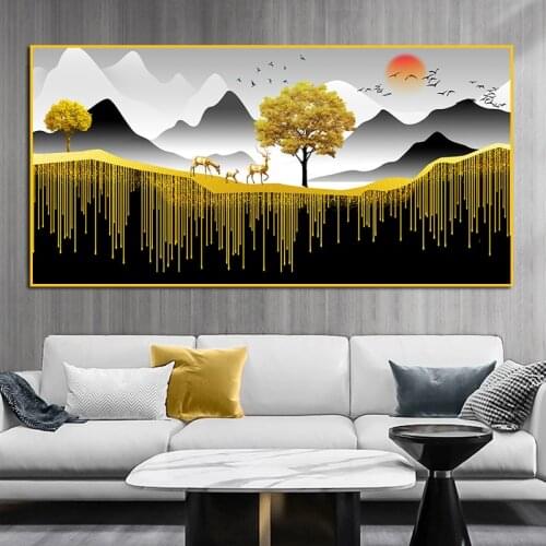 Nordic Art Golden Stream Tree Deer Oil Painting on Canvas Green Ribbon Wall Art Posters Prints Wall Picture for Living Room