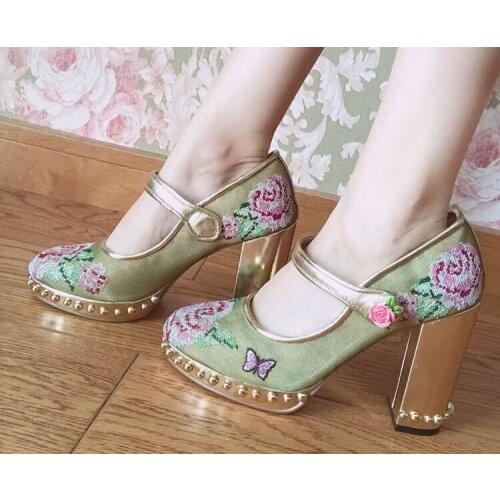New Cross-Stitch Flower Embroidery Mesh Pumps Mary Janes Rose Ankle Buckle Platforms Gold Chunky Heels Wedding Dress Shoes