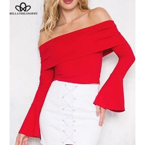 Spring summer off shoulder cold shoulder blouse women flare sleeve shirt lady top