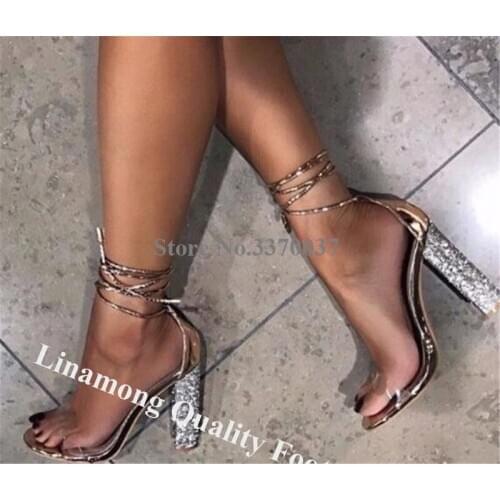 Linamong Women Bling Bling Rhinestone Chunky Heel Gladiator Sandals PVC Straps Lace-up Crystal Thick High Heel Sandals Shoes