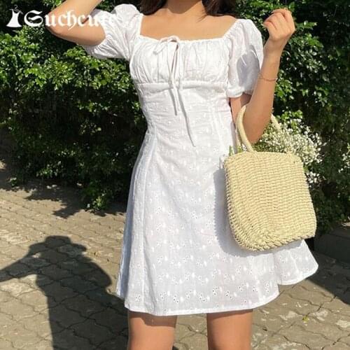 SUCHCUTE Summer Puff Sleeve Vintage Short Dress Women Square Neck Elegent Korean Style A-Line Dress Streetwear White Mini Dress