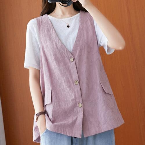 Literature Retro Cotton And Linen Vest Women 2021 Spring Sumer New Single-Breasted Female Loose Large Size Casual Vest Top aq070