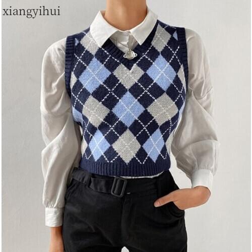 2020 Vintage Geometric Plaid Preppy Style Knitted Sweater Vest Women Casual All Matched Pullover Short Sweaters Blue/Red Color