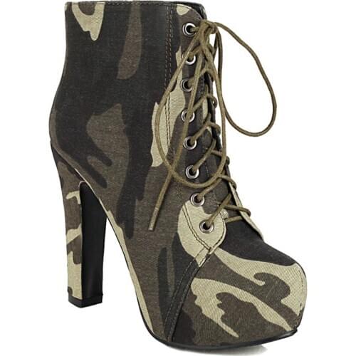2020 Waterproof Platform High-Heeled All-Match Fashion Short Boot Camouflage Green Lace Comfortable Velvet Thick Heel Ankle Boot