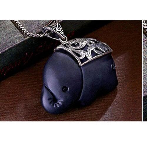 925 Thai silver obsidian elephant male and female jewelry necklace personalized frosted sterling silver pendant
