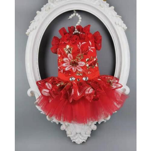 Free Shipping Handmade Dog Clothes Dog Dress Red Sequins Embroidered Flower Pet Wedding Dress Cats Poodle Yorkie Maltese