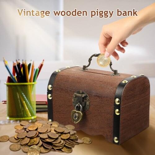 VICASKY Retro Treasure Box Decorative Wood Storage Box Piggy Bank Wooden Treasure Trunk with Lock for Children