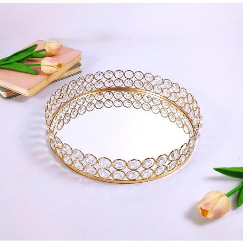 Golden Color Delicate Jewelry Storage Tray Glass Mirror Base Bedroom Desktop Cosmetic Decorative Organize Plate