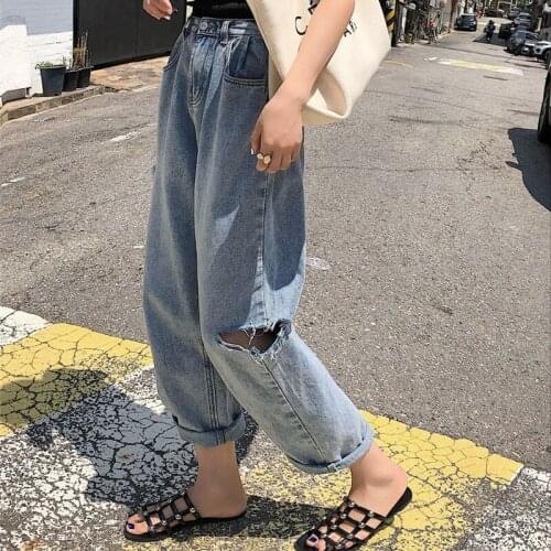 Jeans Women Hole High Waist Button Zipper Fly Pockets Womens Jean Femmel Streetwear Ankle-length Trousers Bottoms Trendy Jean