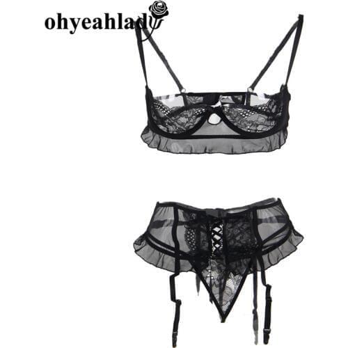Ohyeahlady Big Size Exotic Apparel Bra Panty Set Open Bra Black Jartiyer Sexy Set Hollow Out Lace Women Lingerie Ouverte RJ80512