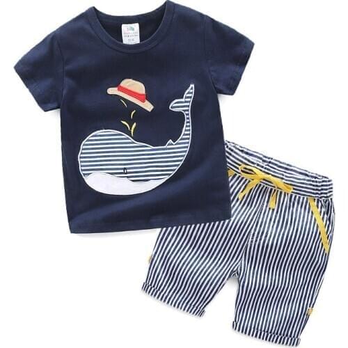 2020 Summer 2 3 4 6 8 10 Years Handsome Cartoon Whale Fish Print T Shirt+Striped Shorts Drawstring 2 Piece Sports Kids Boys Sets