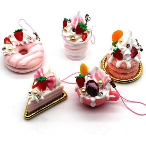 Simulation Strawberry Cake Key chain Pendant Mobile Cute Girl Food Series Mobile Phone Rope Strap Bag Accessories Toy