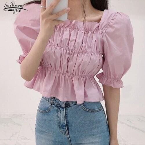 Summer Puff Short Sleeve Square Collar Woman Shirts Korean Pleated Off Shouder Blouse Women Vintage Solid Slim Tops Blusas 14439