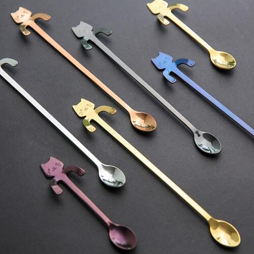 Cute Cat Stainless Steel Spoon Long Handle Ice Cream Coffee Spoons Teaspoon Mini Golden Dessert Cake Stirring Scoop Tableware