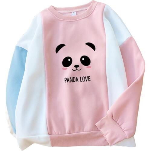 Cute Hoodies Women Long Sleece O-neck Pullover 2018 Autumn Winter Loose Harajuku Kawaii Cartoon Panda Fleece Splicing Sweatshirt