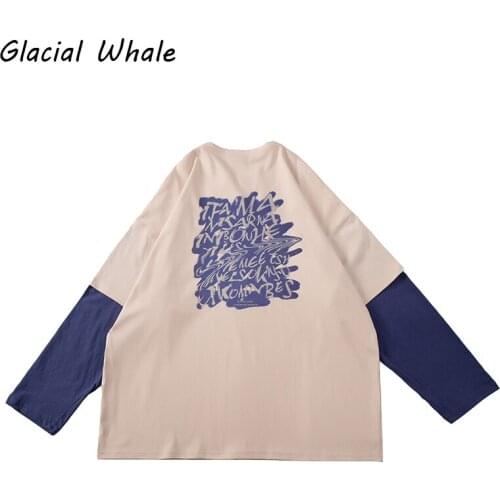 GlacialWhale Long-sleeved Mens 2021 Autumn Fake Two-piece T-shirt Male Hip Hop Streetwear Loose Clothes Trendy Mens Clothing