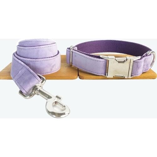 Customized Dog Collar Engraved Puppy ID Tag Leash Collar Set Adjustable Outdoor Solid Canvas Pet Collar Leash THE VIOLET Purple