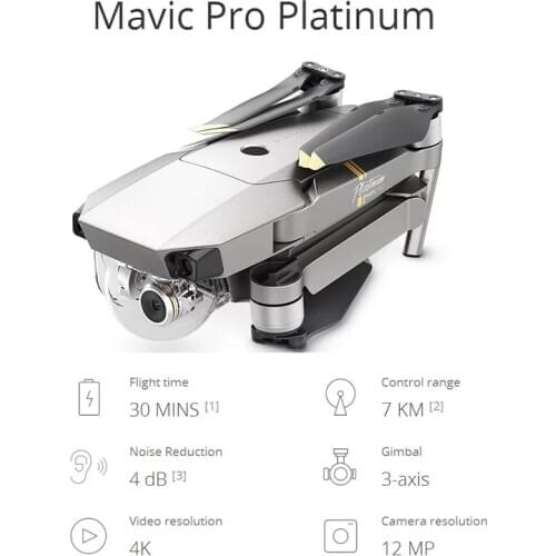 DJI Mavic Pro Platinum combo With enhanced endurance and quieter flight, the Mavic Pro Platinum is DJIs best portable drone yet